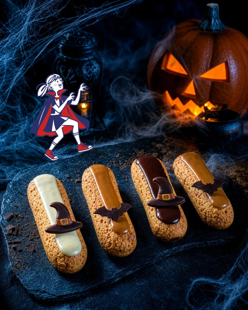 Quatre éclairs Mariette ornés de chapeaux de sorcière et de chauves-souris en chocolat devant une citrouille d'Halloween, avec la mascotte Mariette déguisée en vampire