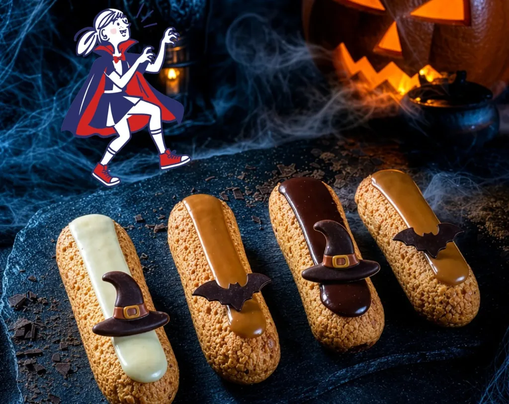 Quatre éclairs Mariette ornés de chapeaux de sorcière et de chauves-souris en chocolat devant une citrouille d'Halloween, avec la mascotte Mariette déguisée en vampire