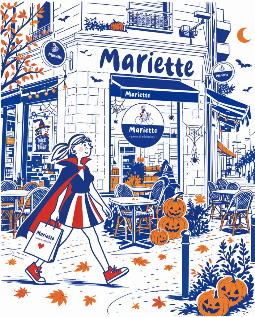 Illustration de Mariette déguisée en vampire, un sac Mariette à la main, devant la façade d'une boutique Mariette décorée pour Halloween